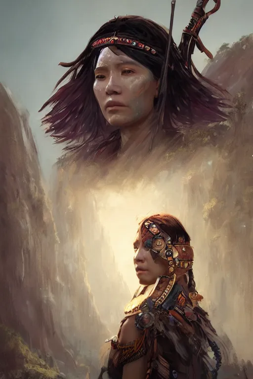 Image similar to a fancy portrait of a tribal women a sci-fi sword by Greg Rutkowski, Sung Choi, Mitchell Mohrhauser, Maciej Kuciara, Johnson Ting, Maxim Verehin, Peter Konig, final fantasy , mythical, 8k photorealistic, cinematic lighting, HD, high details, atmospheric,