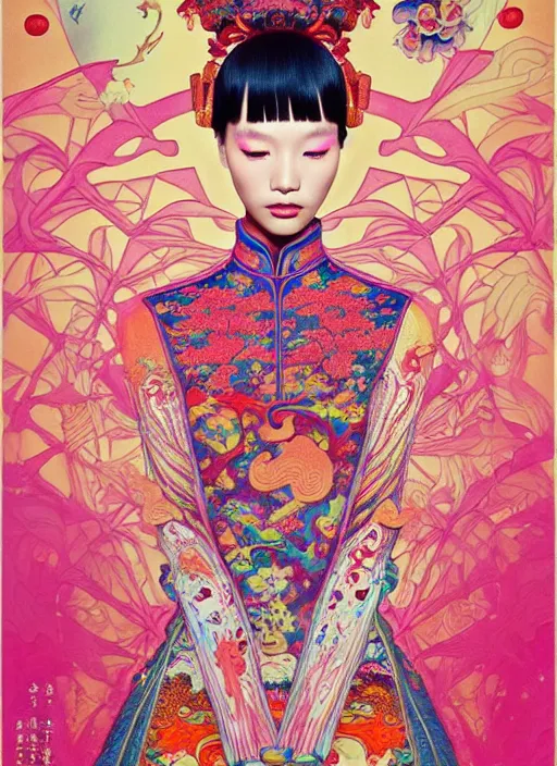 Image similar to pretty chinese model with hallucination mushroom : : by martine johanna and simon stalenhag and chie yoshii and casey weldon and wlop : : ornate, dynamic, particulate, rich colors, intricate, elegant, highly detailed, vogue, harper's bazaar art, fashion magazine, smooth, sharp focus,