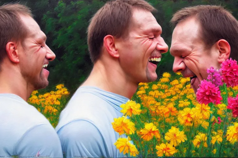 Prompt: ( ( a beautiful 8 k photorealistic masterpiece oil painting ) ( of ( two finnish men wrestling with flowers in their mouths and a big smile on their faces ) ( finnish scenery ) ) ( hyperrealism ) ( 1 6 k ) ( trending on artstation )