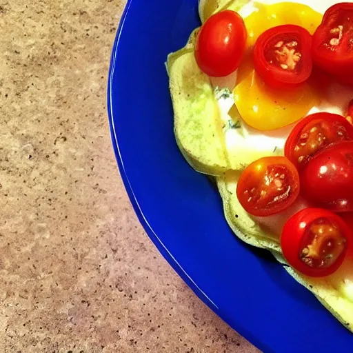 Prompt: omelette with sweet onion, red bell pepper and tomatoes, phone picture, instagram post,