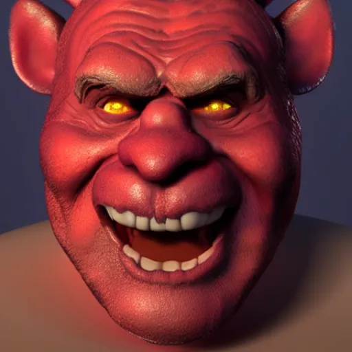 Image similar to portrait of funny red ogre, unreal engine render, volumetric light, high détail
