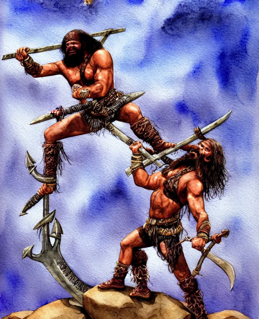 Image similar to randy savage with an anchor weapon slung over his shoulder and foot heroically on a boulder posing in desolate wasteland | fantasy watercolour painting | middle earth | conan | darksun | d & d dungeons and dragons | barbarian