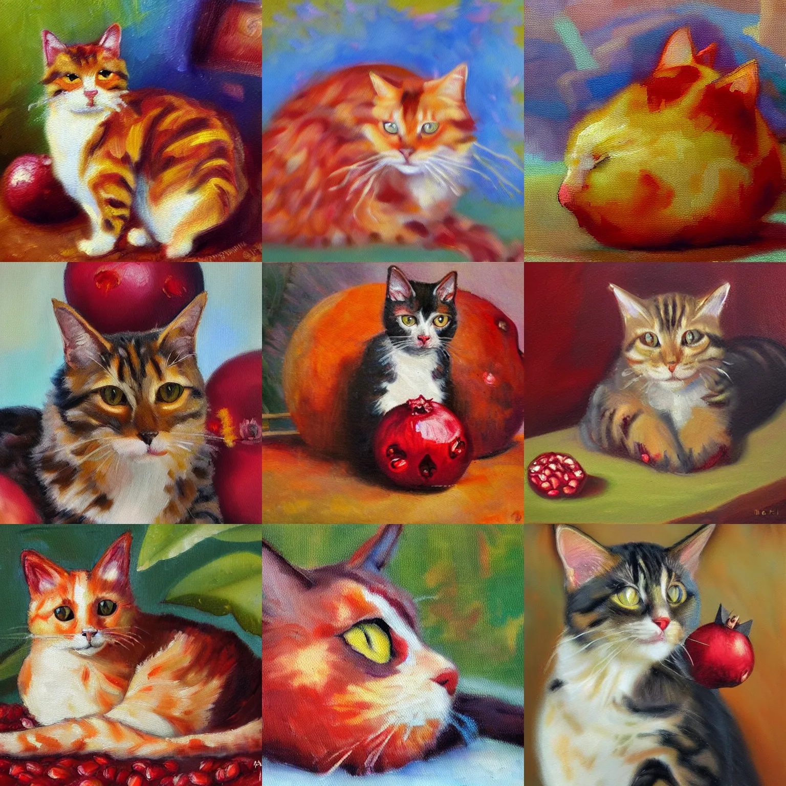 Prompt: impressionist oil painting of a hybrid cat pomegranate