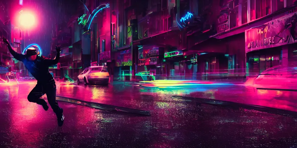 Image similar to cinematic camera wide angle of slow motion film still of futuristic break dancer wearing neon lights, long exposure shot , at night in the middle of a rainy street, paddle of water, water splashes, rim lights, glossy reflections, water droplets on lens, octane render, detailed and soft, by laurie greasley