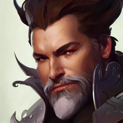 Image similar to high fantasy character portrait of Reinhardt from Overwatch, intricate, wild, highly detailed, digital painting, artstation, concept art, smooth, sharp focus, illustration, art by artgerm and greg rutkowski and alphonse mucha