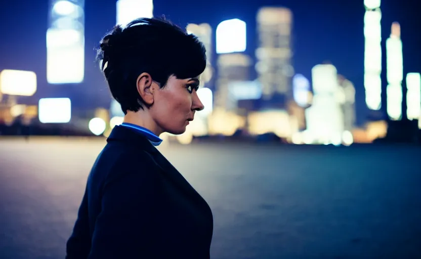 Prompt: a wide shot of a woman with a wool suit, short dark hair, blurred face, wearing an omega speedmaster on her wrist in front of a crowded dystopian city at night with cyberpunk lights