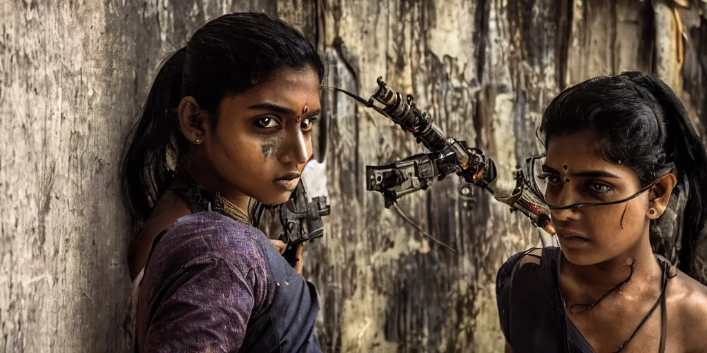 Prompt: sri lankan cyberpunk girl, film still, epic shot cinematography, rule of thirds, colorful, sci - fi tech style