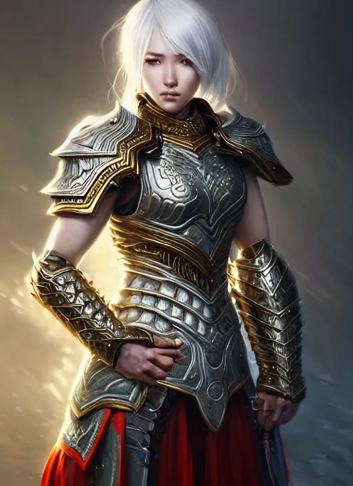 Image similar to warrior, intricate ornate opal heavy armor!!! beautiful and athletic white hair female!! gorgeous face and eyes!! character concept art, sharp focus, octane render! unreal engine 5! highly rendered!! trending on artstation!! detailed linework!! illustration by artgerm, wlop, and chie yoshii