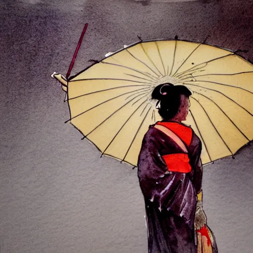 Prompt: dramatic closeup portrait of a geisha holding and umbrella in a rainstorm at dusk : dynamic lighting watercolor