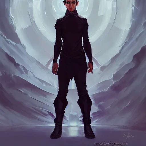 Image similar to character concept, full body, symmetrical, young man with black clothes. detailed, high quality, scnenematic, dynamic dark lightning, fantasy, scenematic. artwork by artgerm, wlop, alex ross, greg rutknowski, alphonse mucha