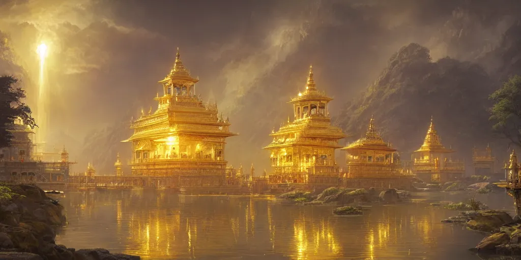 Image similar to a fantasy golden temple city, light shafts, golden aura, monks in robes, epic atmosphere, by greg rutkowski, nature by asher brown durand