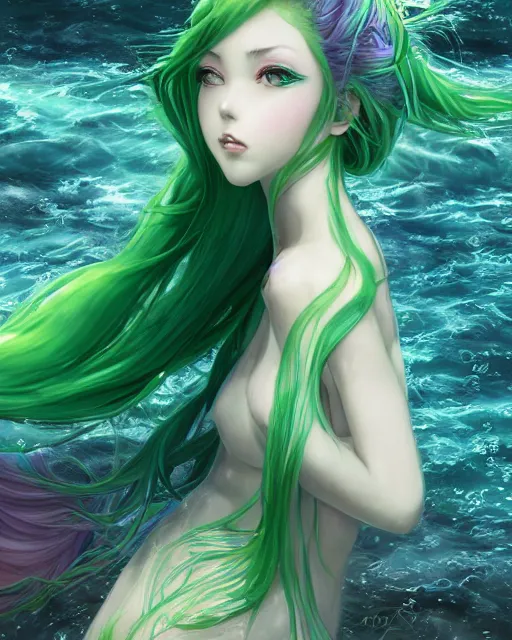 Image similar to beautiful green hair mermaid, anime style, epic underwater scenery wallpaper aesthetic, pastel colors, cinematic, dramatic, super detailed and intricate, hyper realistic, 4 k render, by artgerm, by kyoung hwan kim, by ralph mcquarrie, by yoshiyuki tomino