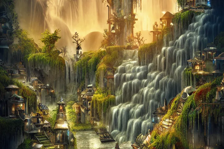 Image similar to elegance, futuristic waterfall favela graveyard honeycomb hive, art nouveau environment, magma, industrial factory, award winning art, epic dreamlike fantasy landscape, ultra realistic,