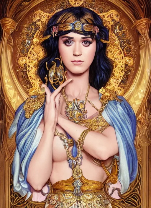 Image similar to Katy Perry as a Greek Goddess, beautiful detailed eyes, cute, fantasy, intricate, elegant, highly detailed, digital painting, 4k, HDR, concept art, detailed jewelry, smooth, sharp focus, illustration, art by Artgerm, H R Giger and Alphonse Mucha