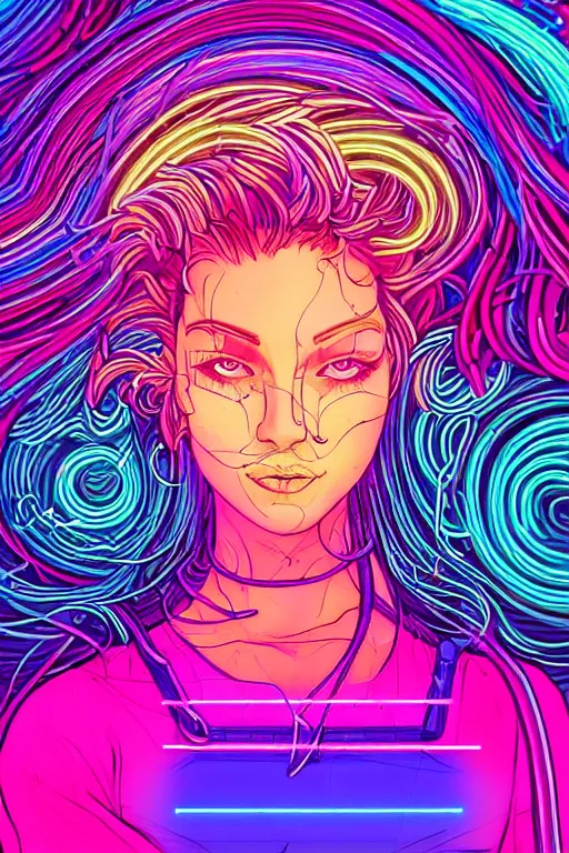 Image similar to a award winning half body portrait of a beautiful woman with stunning eyes in a croptop and cargo pants with hair like rainbow colored smoke by josan gonzales, outlined by whirling illuminated neon lines, outrun, vaporware, shaded flat illustration, digital art, trending on artstation, highly detailed, fine detail, intricate