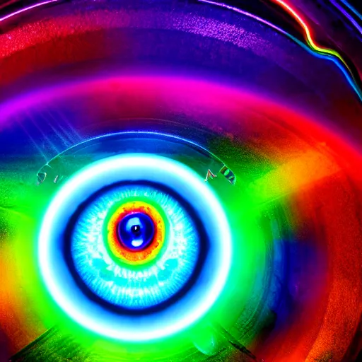 Image similar to still of rainbow ophanim surrounded by large diagonally rotating rings, giant eyeball in the middle of the ophanim, 8 k, octane render, 3 5 mm, amazing details, beautiful composition