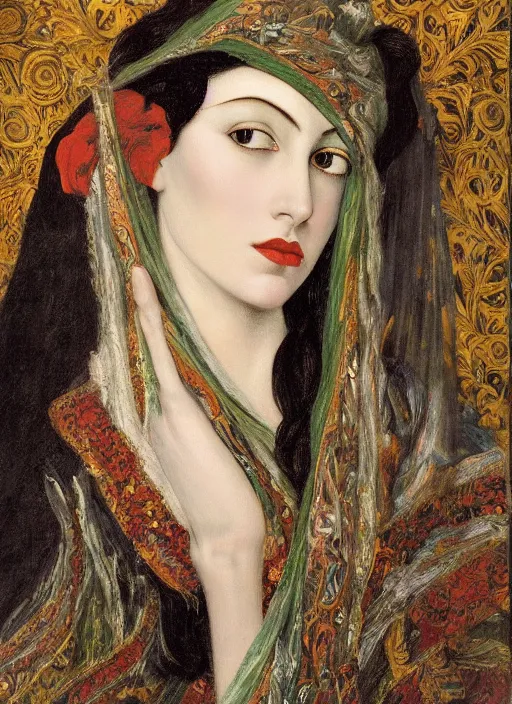 Image similar to oil painting of Queen Vulvine, Hungarian, curly dark hair, fair skin, veil by Georgia o Keeffe, by Marcel Jankowicz, by Botticelli, by Gustave Moreau, concept art, master