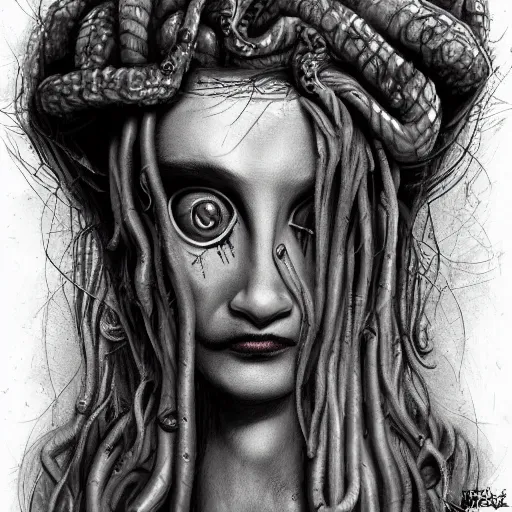 Image similar to surrealism grunge cartoon portrait sketch of Medusa, by michael karcz, loony toons style, freddy krueger style, horror theme, detailed, elegant, intricate