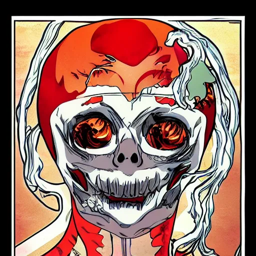 Prompt: anime manga skull portrait girl female skeleton astronaut illustration 80s comic art frank miller dirko and alphonse mucha ditko pop art nouveau