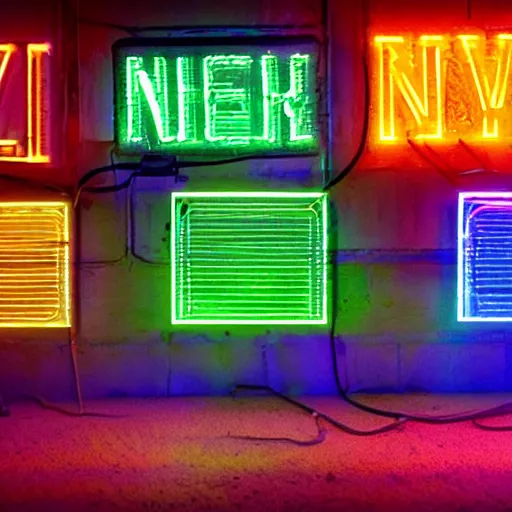 Image similar to a cinematic still of glowing neons