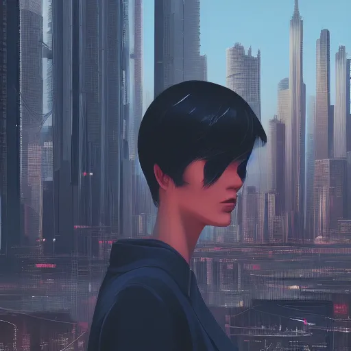 Image similar to a close up of a person with a city in the background, cyberpunk art by Ilya Kuvshinov, cgsociety, photorealism, ilya kuvshinov, cityscape, digital painting