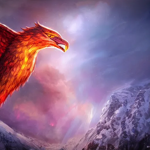 Prompt: A wide shot of griffin in the sky, colorful eyes, glowing eyes, fire, frost, angry, demonic, detailed, fine lines, realism, hyper-realistic, 8k, hd,