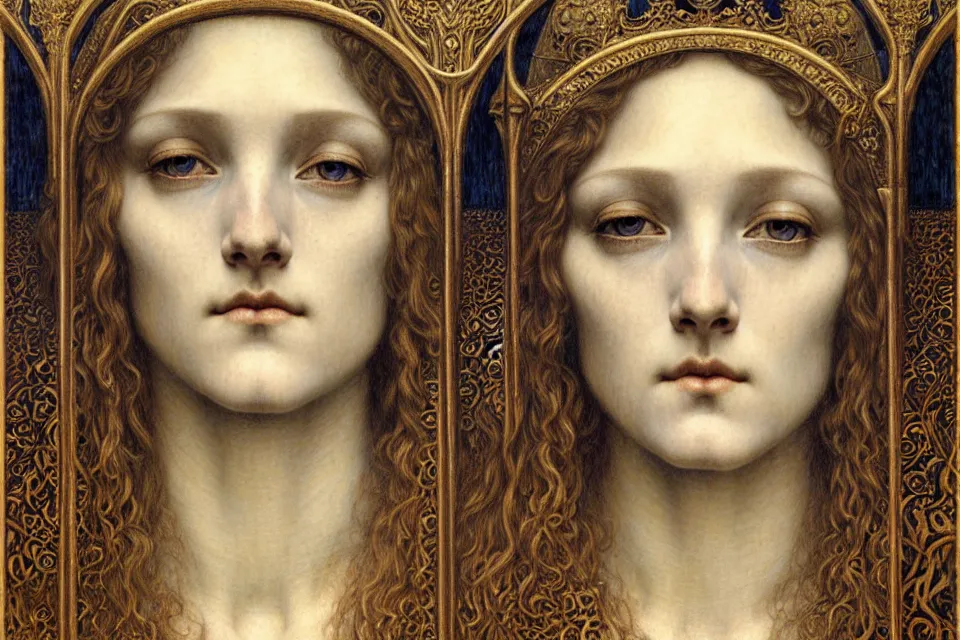 Image similar to detailed realistic beautiful young medieval queen face portrait by jean delville, gustave dore and marco mazzoni, art nouveau, symbolist, visionary, gothic, pre - raphaelite. horizontal symmetry