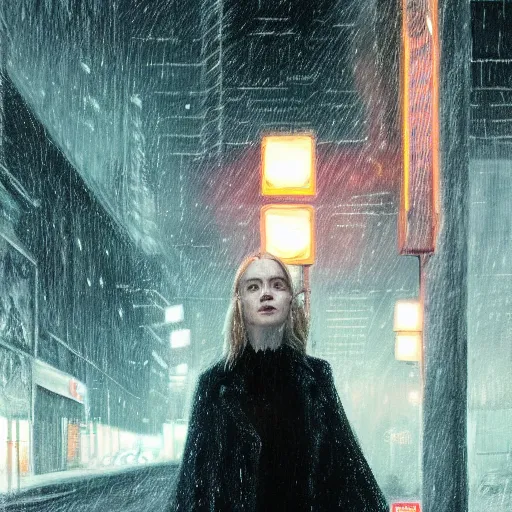 Prompt: Elle Fanning stalking her prey at night, stormy snowy weather, streetlights, extremely detailed masterpiece, oil on canvas, low-key neon lighting, artstation, Blade Runner 2049, Roger Deakin’s cinematography, by J. C. Leyendecker and Peter Paul Rubens,