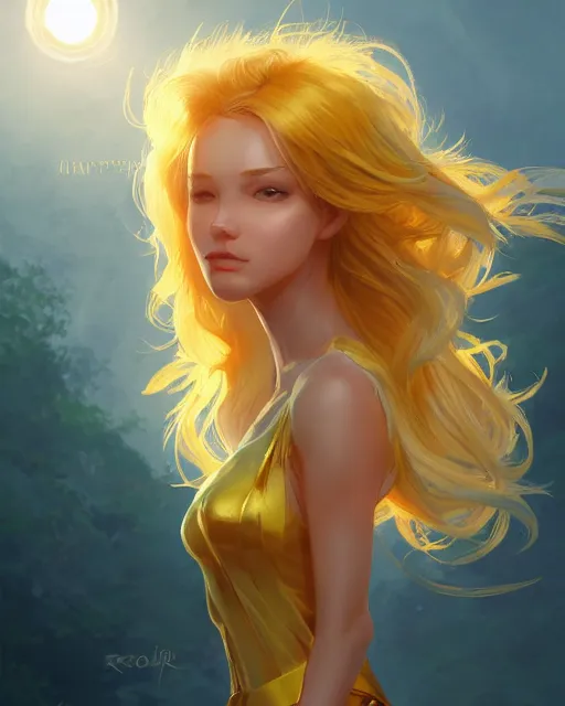 Image similar to a beautiful sun goddess, flowy yellow golden hair, sun, summer, cinematic lighting, highly detailed, digital painting, trending on artstation, pixiv, concept art, sharp focus, illustration, art by ross tran and wlop