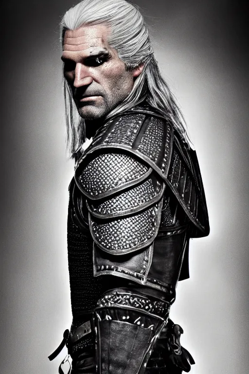 Image similar to portrait of geralt of rivia, 5 5 mm lens, professional photograph, black and white, times magazine, serious