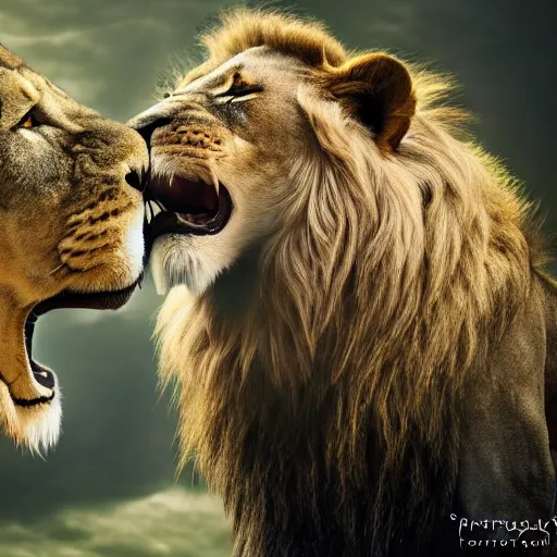 Prompt: a farmed photography of a lion kissing a lion male skull, detailed, 4k, fantasy