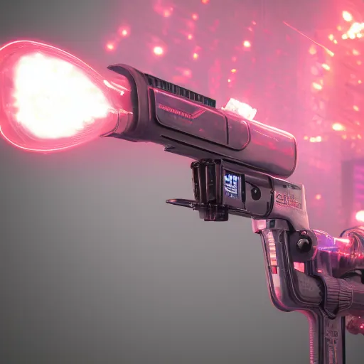 Image similar to plasma flamethrower, neon, cyberpunk, 3 d render, octane, ray tracing, ultra high resolution, ultra detailed, photorealistic