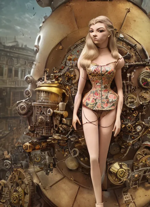 Image similar to full body of a tin toy natalie dormer, depth of field, zeiss lens, detailed, symmetrical, centered, fashion photoshoot, by nicoletta ceccoli, mark ryden, lostfish, earl nore, hyung tae, frank frazetta, breathtaking, 8 k resolution, extremely detailed, beautiful, establishing shot, artistic, hyperrealistic, octane render