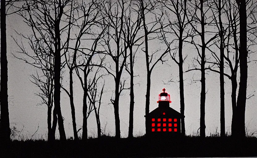 Image similar to lighthouse that shines red beam, field, night, unsettling, burning trees, photo 1998