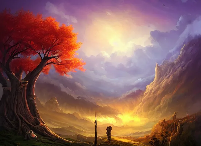 Image similar to epic fantasy landscape, owl house, beautiful sky by Cyril Aquasixio Rolando, Cyril Rolando,