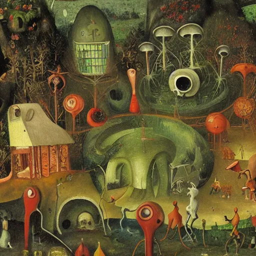 Prompt: the garden of AI delights, Bosch, oil painting, scifi