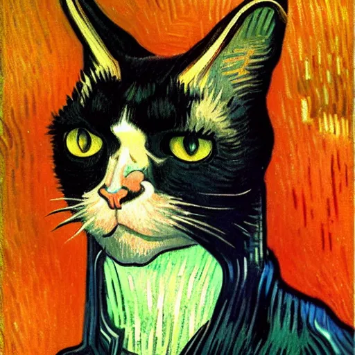 Image similar to a standing cat that has goat horns, anthropomorphic cat wearing dark robes, matte oil painting, by vincent van gogh, eldritch, magical, fog, noble, full body portrait, extremely detailed, cult, ritual, inspiring, award - winning, 4 k, 8 k