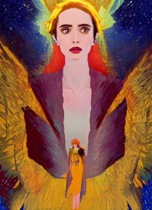 Prompt: a close up gouache painting portrait of emma roberts krysten ritter as the angel of the apocalypse in the style of horizon zero dawn, by victo ngai, by odilon redon, by delphin enjolras, by hikari shimoda,.