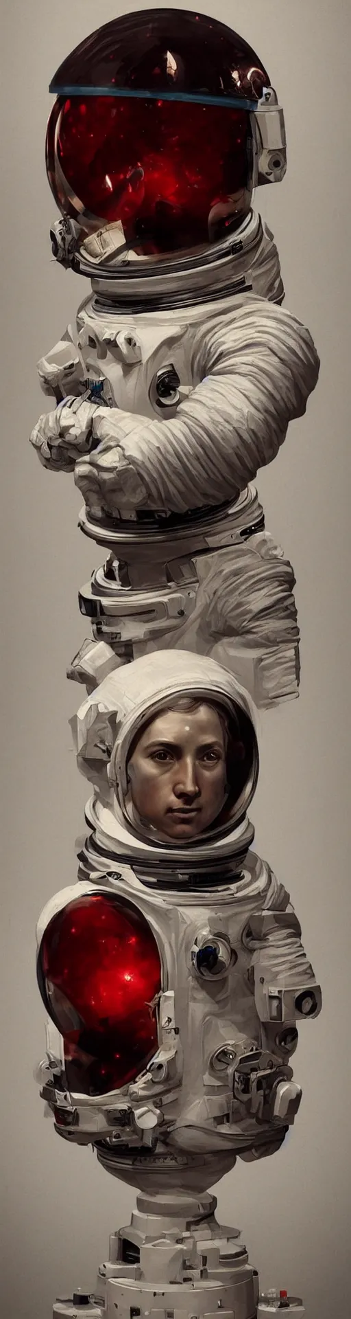Prompt: a detailed bust of an astronaut art by caravaggio, dynamic lighting, gradient dark red, cream and white color scheme, cinematic, epic composition, hd, digital painting, digital art, concept art, illustration, comic art, stylized, masterpiece, award - winning