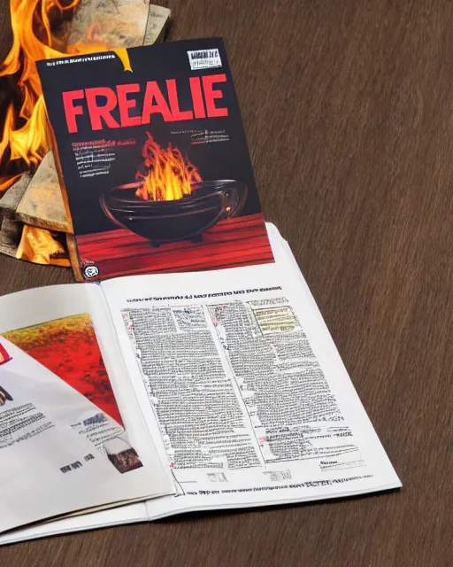 Image similar to a full view of table and magazine with picture of firey toilet, magazine, zoomed out, zoomed out, zoomed out