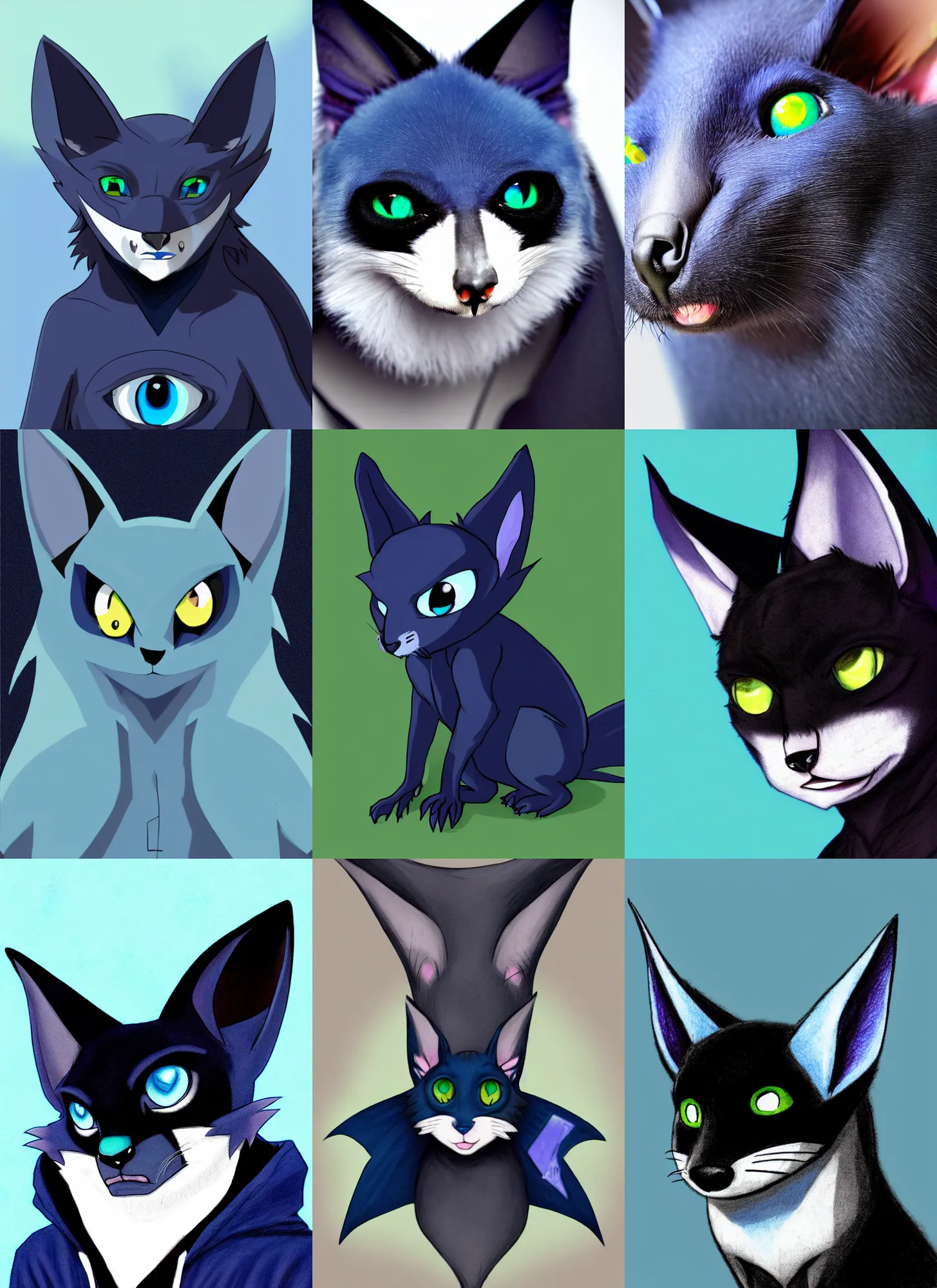 Prompt: a blue - and - black male catbat fursona ( from the furry fandom ) with one blue eye, one green eye, and huge bat ears, photo portrait