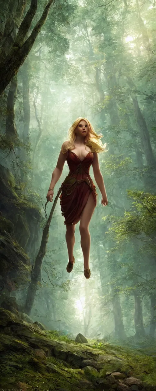 Image similar to a beautiful blonde female heroine standing in a forest, beautiful dynamic lighting, cinematic, wide angle establishing shot, extremely high detail, photo realistic, cinematic lighting, post processed, concept art, artstation, matte painting, style by frederic church, raphael lacoste, unreal engine 8k