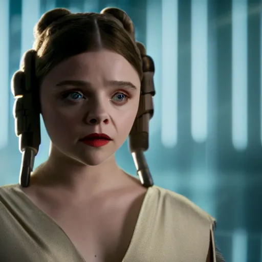 Image similar to Adult Chloe Moretz as Princess Leia, movie scene, XF IQ4, 150MP, 50mm, F1.4, studio lighting, professional, Dolby Vision, UHD