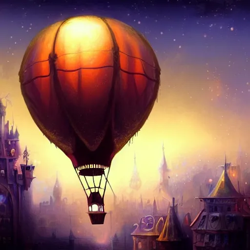 Image similar to a beautiful stunning fantasy whimsical matte digital illustration of a scene of a hot - air balloon powered by magic! over a lit city at night by marc simonetti, pastel color palette, disney magic the gathering steampunk!!!, chiaroscuro magical! bokeh moon stars dramatic romantic! epic breathtaking, trending on artstation hq, masterpiece