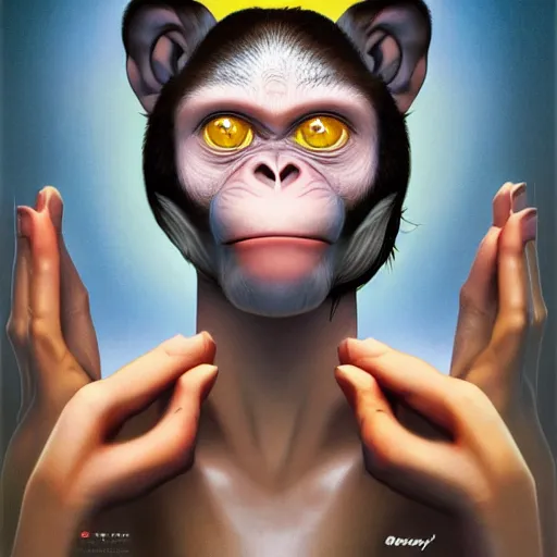 Prompt: lofi monkey in front of a mirror reflecting anger facial expression of a human face, symmetrical hands, doctors mirror, Pixar style by Tristan Eaton Stanley Artgerm and Tom Bagshaw, high detail
