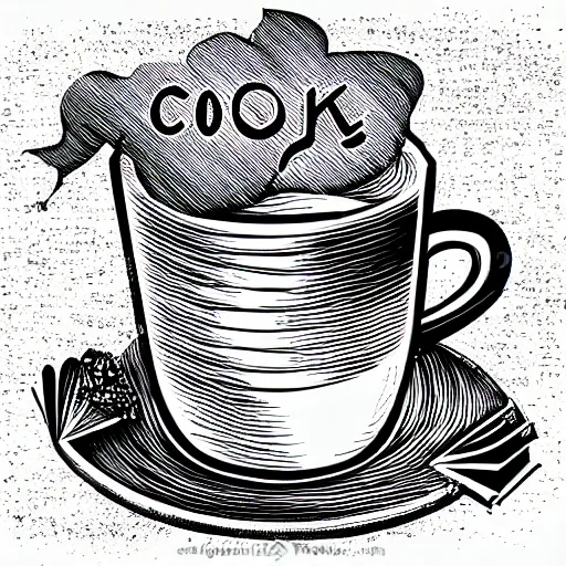 Image similar to coffee and book logo, vector art, line art, black and white,