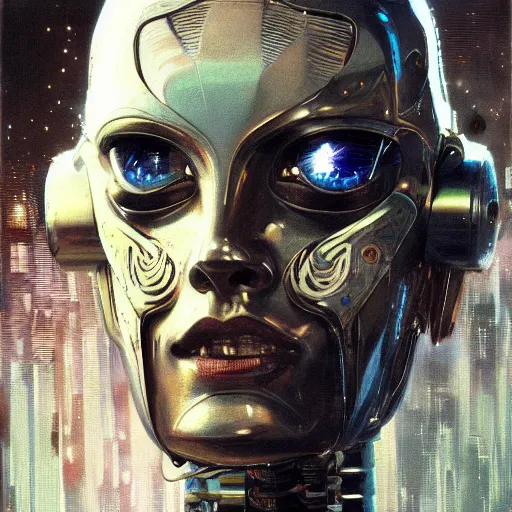 Prompt: an intricate, detailed face of an robot, metal skin with some scratches, dramatic lighting, sci-fi, trending on artstation, art nouveau, by John Berkey