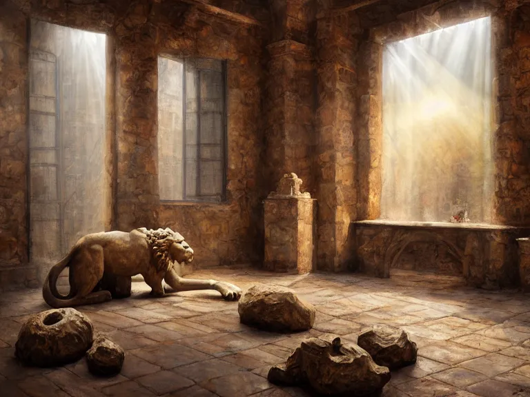 Image similar to expressive rustic oil painting, a stone workshop with in the center an impressive large statue of a marble lion, dust, ambient occlusion, morning, rays of light coming through windows, dim lighting, brush strokes oil painting