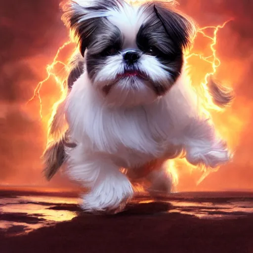 Image similar to Shih Tzu charging up to change into its final form, detailed, centered, digital painting, artstation, concept art, donato giancola, Joseph Christian Leyendecker, WLOP, Boris Vallejo, Breathtaking, 8k resolution, extremely detailed, beautiful, establishing shot, artistic, hyperrealistic, beautiful face, octane render, cinematic lighting, dramatic lighting, masterpiece