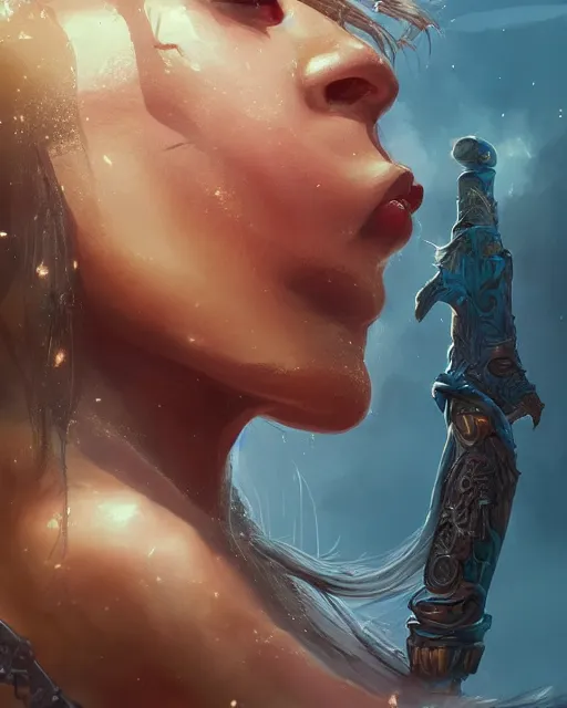 Prompt: A thick beautiful female warrior posing on a boat, bikini, beautiful face, close-up, fantasy woman, fantasy art, in the style of greg rutkowski, illustration, epic, fantasy, intricate, hyper detailed, artstation, concept art, smooth, sharp focus, ray tracing, profile shot